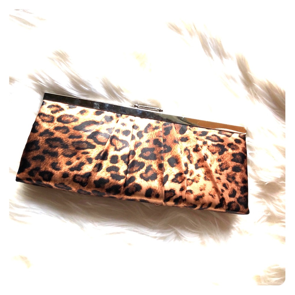 NWT Satin Leopard Clutch with Silver Chain